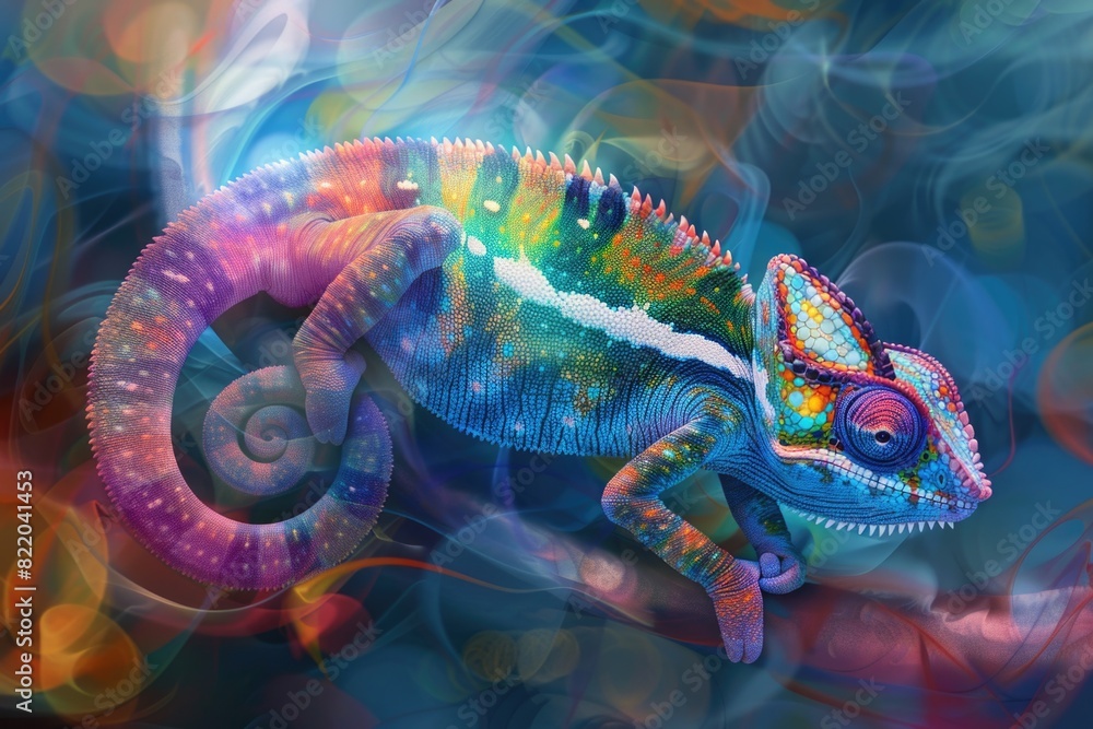 Poster A vibrant chameleon perched on a tree branch. Suitable for nature and wildlife themes