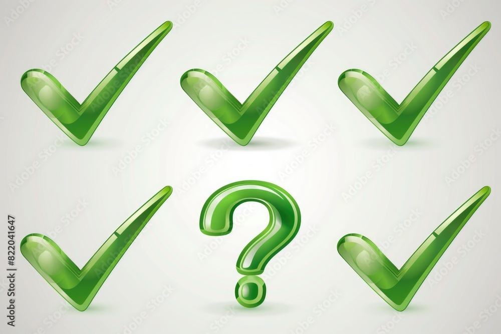 Poster Image of a set of green check marks and a question mark. Suitable for illustrating decision making process