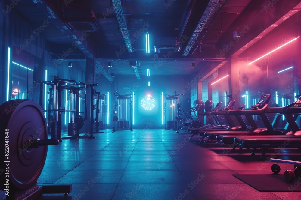 Poster modern gym with rows of treadmills under neon lights. perfect for fitness and exercise concepts