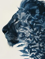 Abstract portrait of a lion with foliage overlay in blue tones.