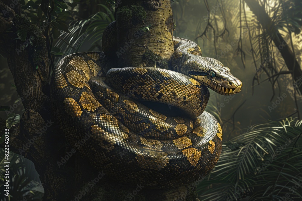 Poster a snake wrapped around a tree in a lush jungle. suitable for nature and wildlife themes