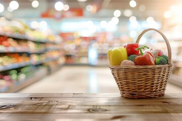 Naklejka premium Healthy harvest: a wicker basket filled with fresh fruits, vegetables, and berries, perfect for a nutritious and colorful meal