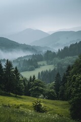 Mountain Landscape with Sky: A serene scene of misty mountains, green hills, and a vibrant sky at sunrise, showcasing the beauty of nature