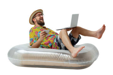 Remote employee working on laptop on summer vacation sitting on an inflatable ring and using a laptop isolated on a transparent background