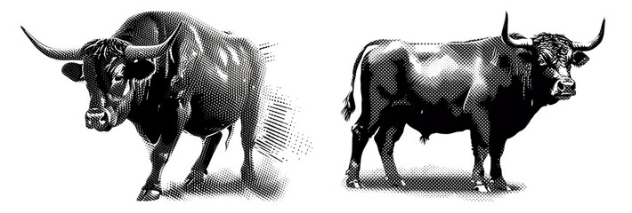 Half-tone style of bull png element set on transparent background