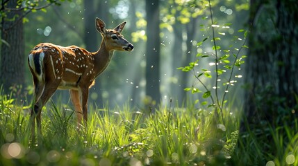 A young deer stands in a forest with tall grass and trees - Powered by Adobe