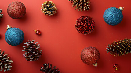 Stylish Christmas balls and fir cones on red background