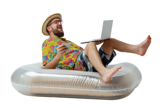 Remote employee working on laptop on summer vacation sitting on an inflatable ring and using a laptop isolated on a transparent background - Powered by Adobe