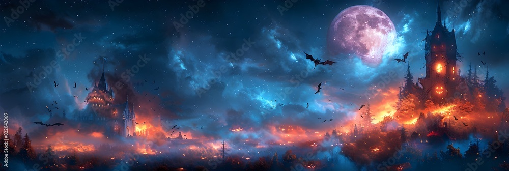 Wall mural halloween bats take flight around a haunted house on a chilling night - Wall murals