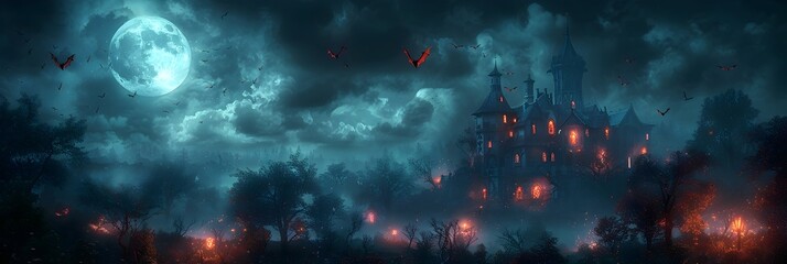 Halloween Bats Flocking to Haunted Mansion Under Full Moon