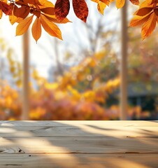 Naklejka na ściany i meble Abstract background of an empty wooden table with a window and autumn foliage outside