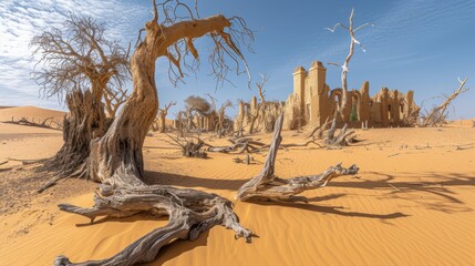 Panoramic view of ancient ruins amidst a vast desert, featuring twisted dead trees under a clear blue sky, evoking a sense of historical decay and natural desolation.