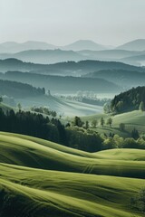 Mountain Landscape with Sky: A serene scene of misty mountains, green hills, and a vibrant sky at sunrise, showcasing the beauty of nature