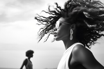 Fototapeta premium Two young African women with curly hair, smiling and laughing together, one wearing a hat, joyful expression, black and white photo