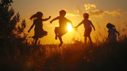 Group of children playing and bouncing in a field as the sun sets, creating a magical atmosphere - Powered by Adobe