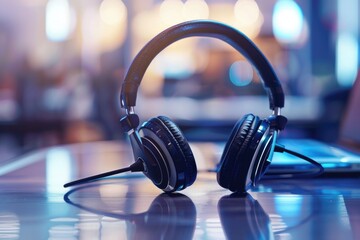 Pair of headphones on top of a laptop. Ideal for technology and music related projects