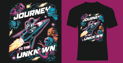 Design a T-shirt featuring a retro 1980s-style sci-fi adventure scene. 