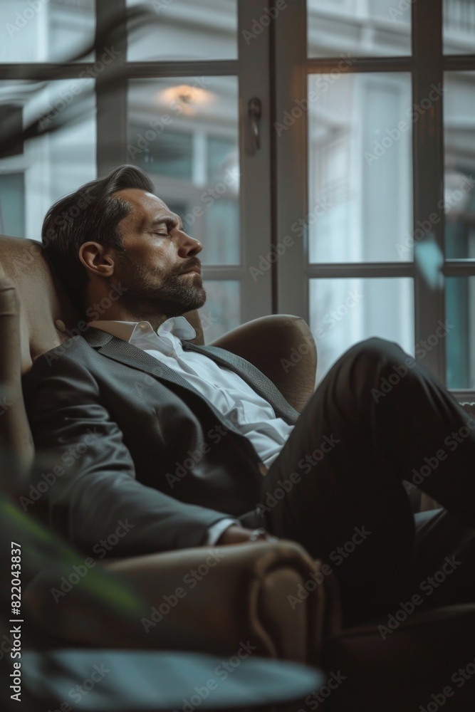 Poster a man sitting in a chair looking out a window, suitable for various concepts