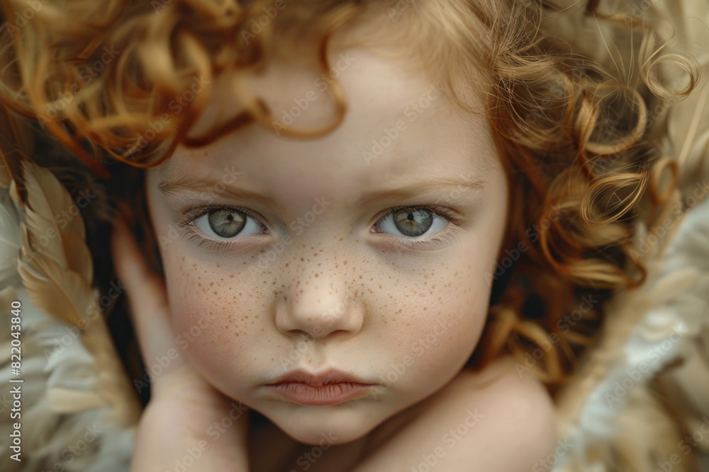 Poster close-up portrait of a child with freckles. suitable for various child-related themes