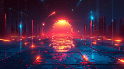 Fototapeta premium A futuristic tunnel with glowing neon lights, reflecting off a glossy floor, creating a vibrant and immersive environment.