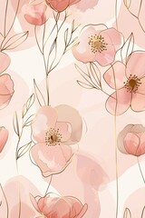 Fototapeta premium Elegant Floral Vector: Abstract Art Background with Golden Line Flowers, Organic Shapes, Watercolor Elements for Copy Space