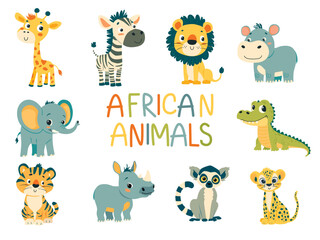 Set of cartoon african animals. A Giraffe, a lion, an elephant, a zebra, a hippo, a lemur, a cheetah etc