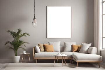 mock up poster frame in modern interior background, living room, Scandinavian style, 3D render, 3D illustration