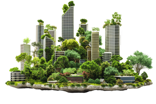 A cityscape with buildings and a green park on a transparent background - Powered by Adobe