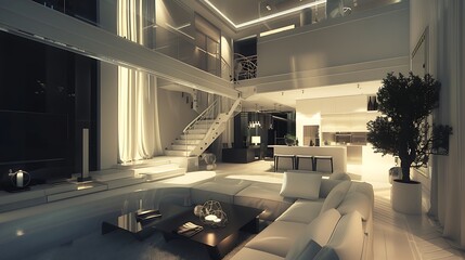 Fototapeta premium Contemporary Elegance: A Bright and Airy Modern Interior with Stylish Furnishings and Abundant Natural Light, Perfect for Urban Living and Relaxation