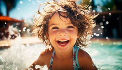 Retrato de niño divirtiéndose en la piscina en un día de verano. Juegos nfantiles de agua