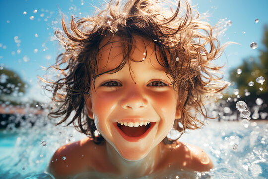 Ni&ntilde;o sonriente salpicando y divirti&eacute;ndose en el agua dentro de la piscina. La infancia en verano, juego y diversi&oacute;n.