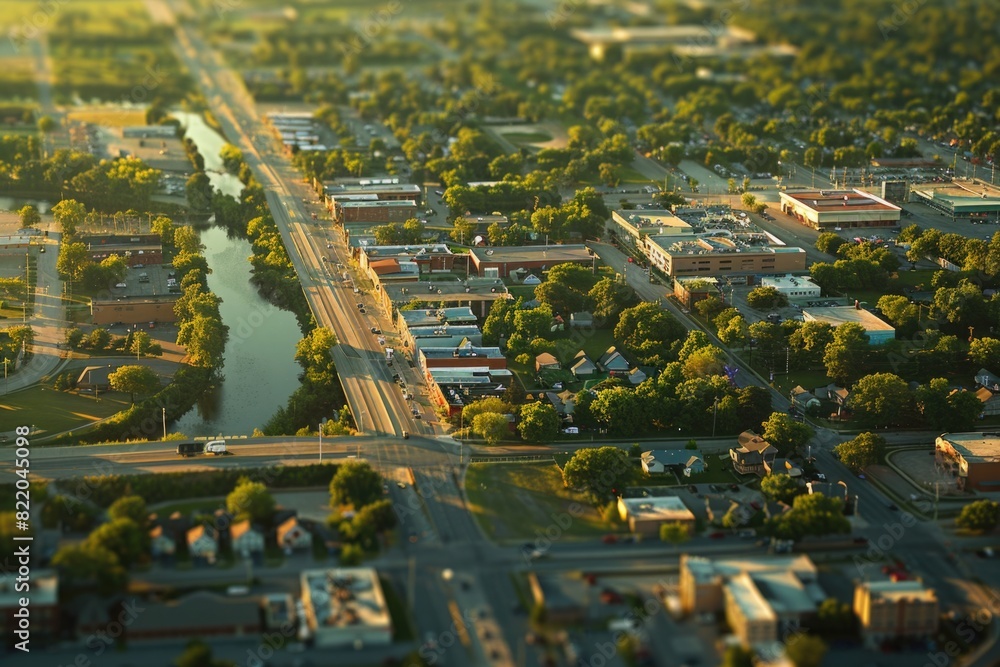 Poster aerial view of a city with a river, suitable for urban development concepts