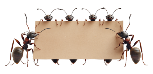 Ants carrying blank paper for text isolated on a transparent background. Ants teamwork concept.
