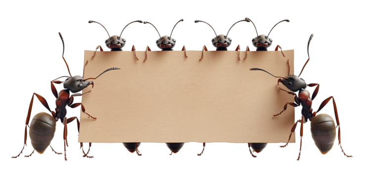 Ants carrying blank paper for text isolated on a transparent background. Ants teamwork concept.