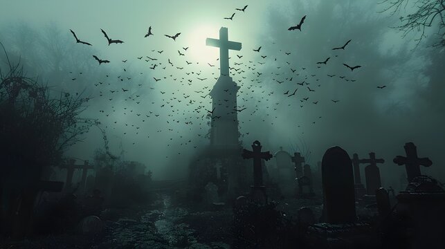 Halloween Night Bats Flocking around a Creepy Old Cemetery
