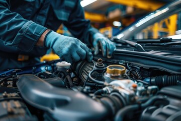 Fototapeta premium Mechanic at work in auto repair shop, fixing car engine