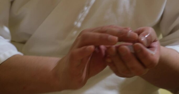 Japanese chef's hand make Sushi. Making traditional food of Japan. slow motion 