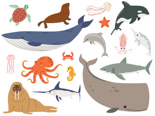 Set with hand drawn sea life elements. Vector cartoon set of sea animals objects for your design. Cartoon hand drawn style. © Irina