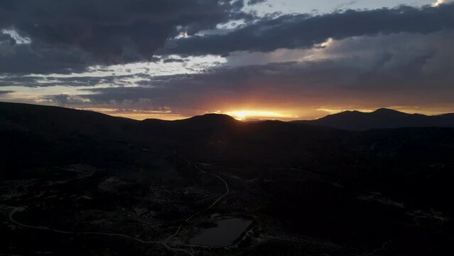 Aerial view of dramatic sunset over Drie Kuilen Nature Reserve, Western Cape, South Africa.