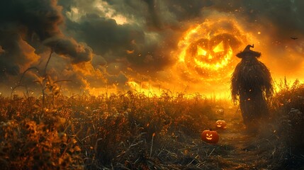 Halloween Night in the Cornfield Maze Guarded by Scarecrows