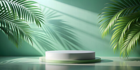 Minimal abstract background for cosmetic product presentation. Podium with the shadow of tropical palm leaves on a green wall and a gray table.