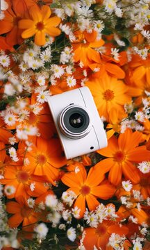 camera and flowers; wedding essentials: disposable camera