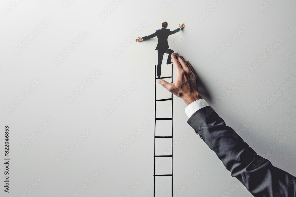 Poster a man in a suit climbing a ladder. suitable for business concepts