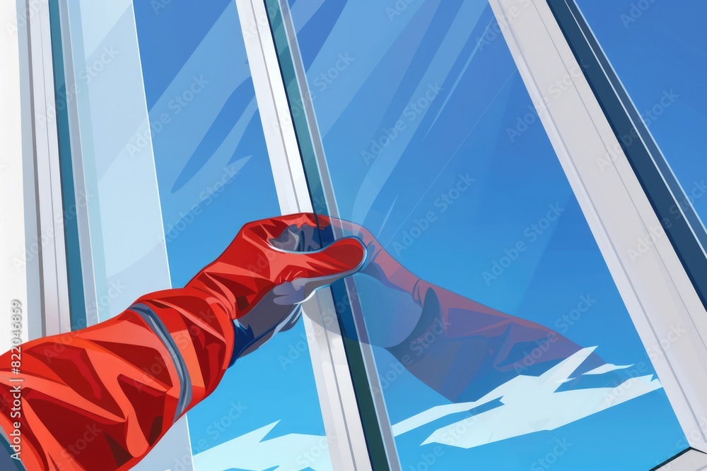 Poster a person wearing a red jacket looking out of a window. ideal for illustrating solitude or contemplat