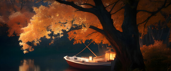 In the stillness of an autumn night, a lone boat rests on tranquil waters beside a majestic tree.