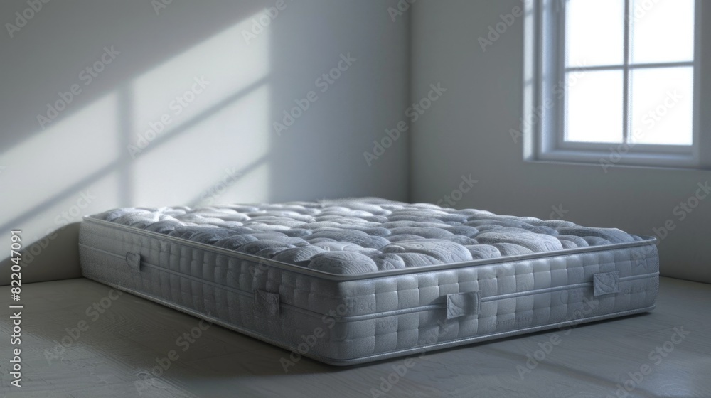 Poster a mattress sitting in front of a window in a room. perfect for interior design concepts