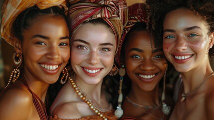 Fototapeta premium Celebrate the richness of ethnic diversity as a group of women, each exuding elegance, unite in showcasing their stunning smiles against a backdrop of purity.
