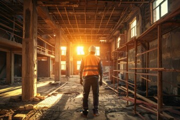 Fototapeta premium House improvement concept. Rear view of man construction worker looking away.