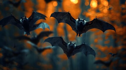 Halloween Night Swarm of Bats Flying Through the Night Sky