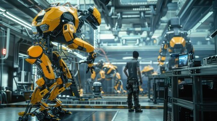 Fototapeta premium In the future, engineers and animal robots work together in heavy industrial plants to digitize data to form a digital twin.
